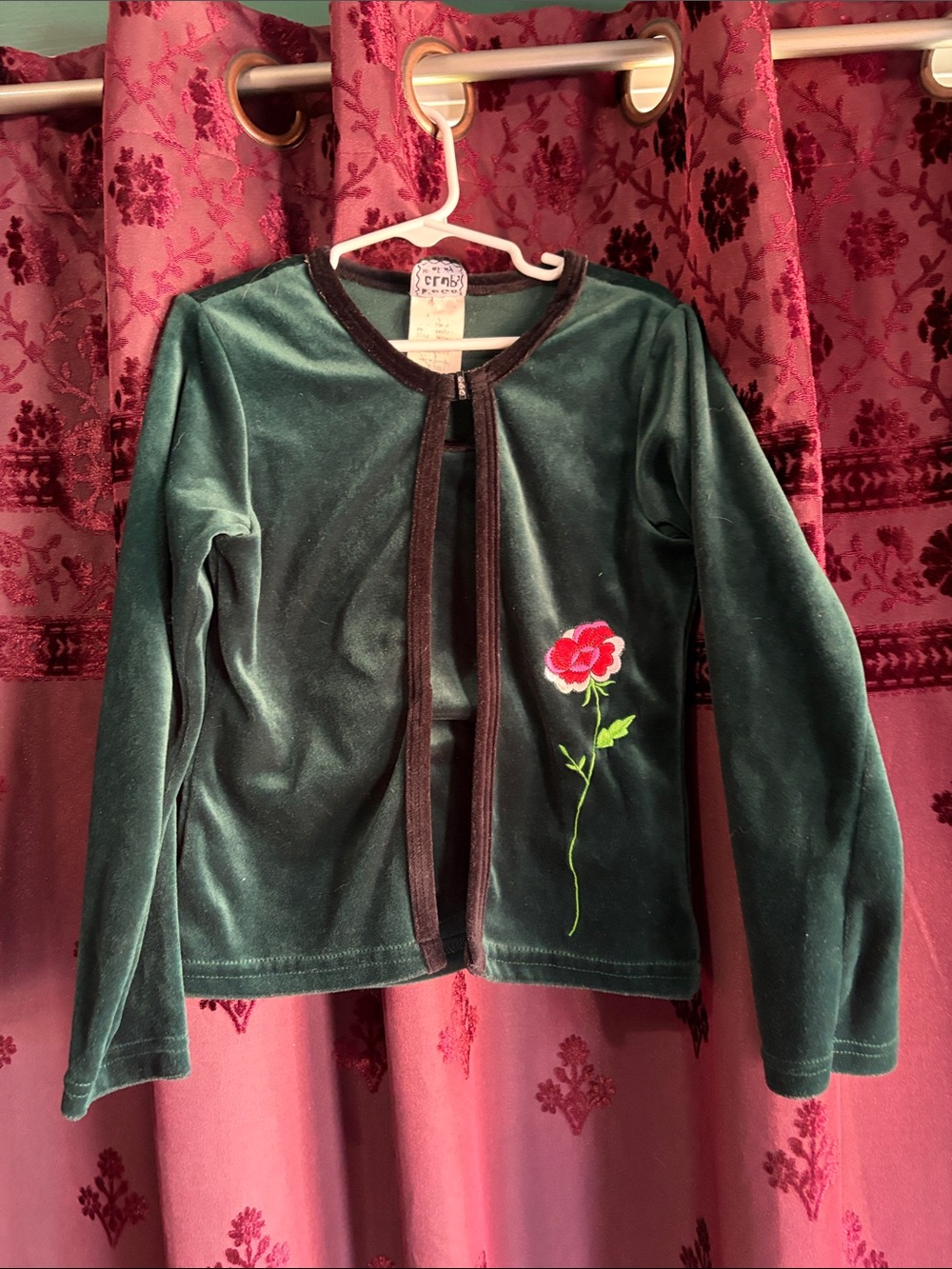 Vintage Girls' Dark Green Velvet Cardigan with Rose Embroidery Size 7/8